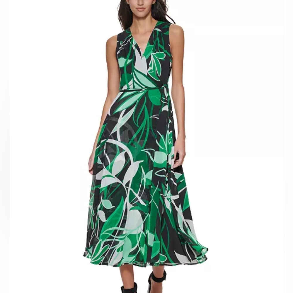 Calvin Klein Green Sleeveless V Neck Midi Chiffon Sundress Womens Size 12